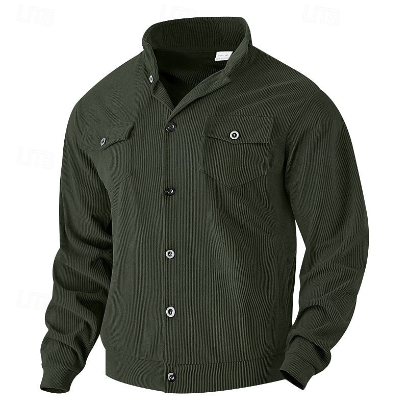 Kessoro Men's Ribbed Lapel-Collar Utility Jacket in apricot, black, army green and more colours, image 12 of 16.