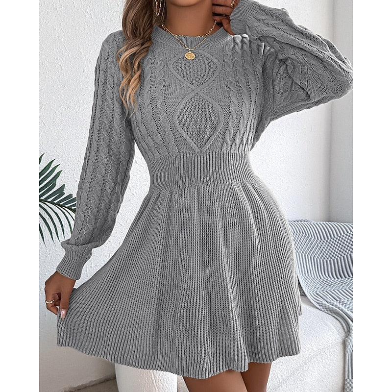 Kessoro women's cable-knit crew-neck sweater dress with a defined waist and flared skirt