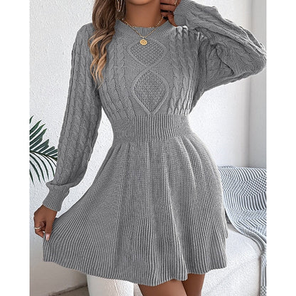 Kessoro women's cable-knit crew-neck sweater dress with a defined waist and flared skirt