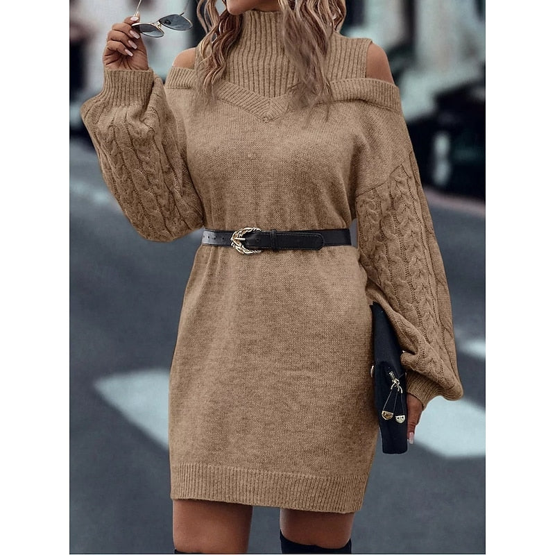 Kessoro women's cold-shoulder turtleneck sweater dress in a soft cozy knit