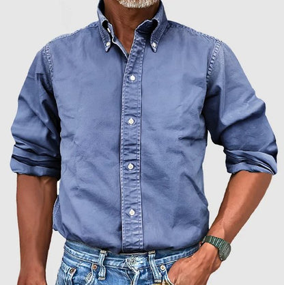 Men's classic tailored button-down shirt in a nine-colour neutral and blue range, shown for menswear styling