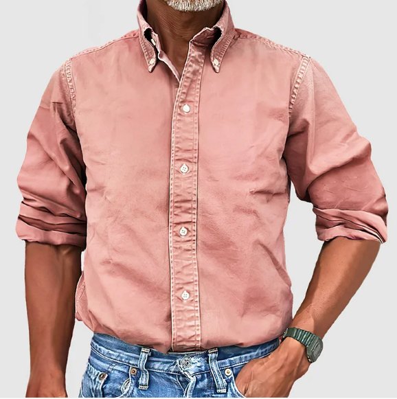 Men's classic tailored button-down shirt in a nine-colour neutral and blue range, shown for menswear styling