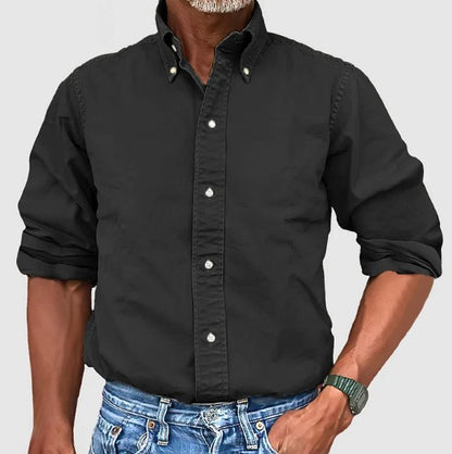 Men's classic tailored button-down shirt in a nine-colour neutral and blue range, shown for menswear styling