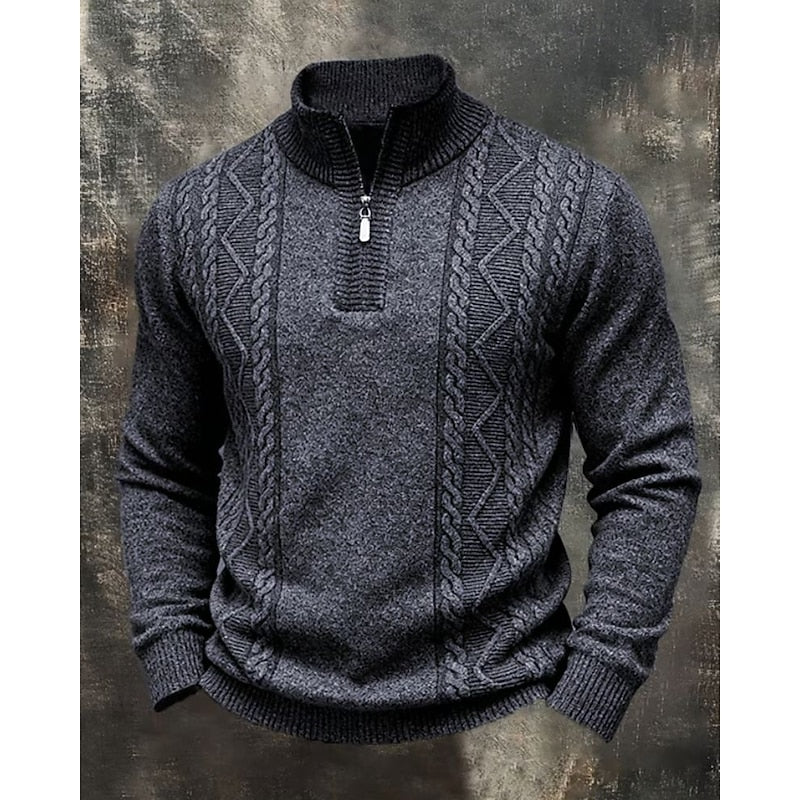 Kessoro men's cable-knit quarter-zip sweater in light grey or beige, view 1 of 2