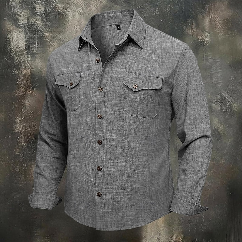 Kessoro men's relaxed-fit flap-pocket utility shirt in blue, grey, beige and pink tones, view 5