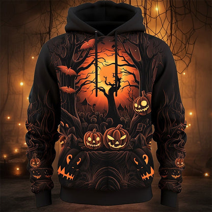 Kessoro Brown Halloween pumpkin and forest print pullover hoodie for men and women