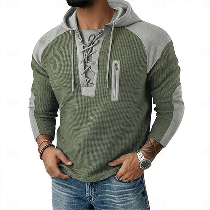 Kessoro men's lace-up textured pullover hoodie in green, light blue, navy and black, view 1