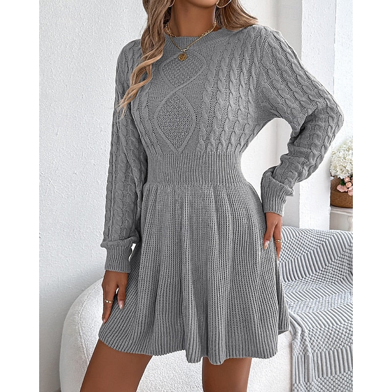 Kessoro women's cable-knit crew-neck sweater dress with a defined waist and flared skirt