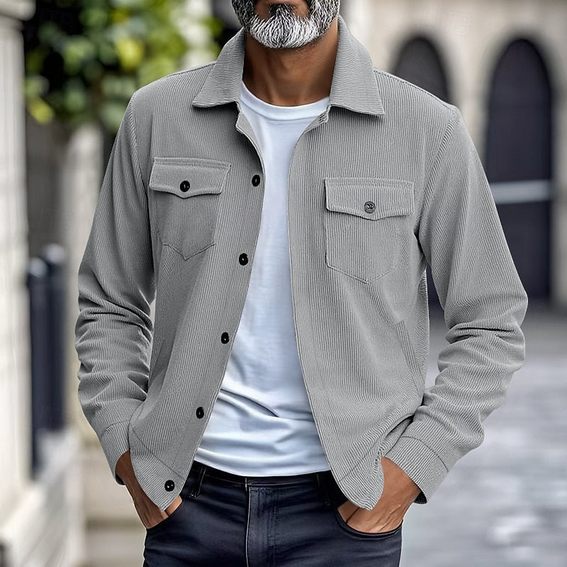 Kessoro Men's Ribbed Lapel-Collar Utility Jacket in apricot, black, army green and more colours, image 15 of 16.
