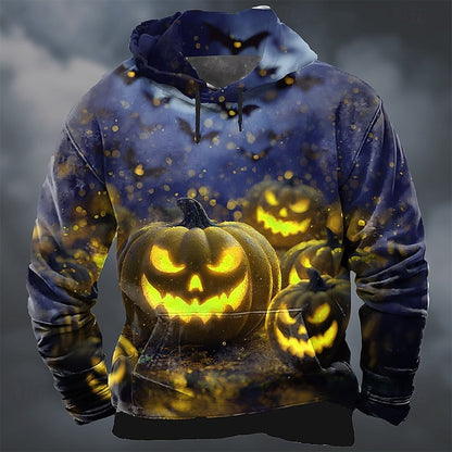 Unisex Halloween pumpkin print hoodie in orange and yellow, side view