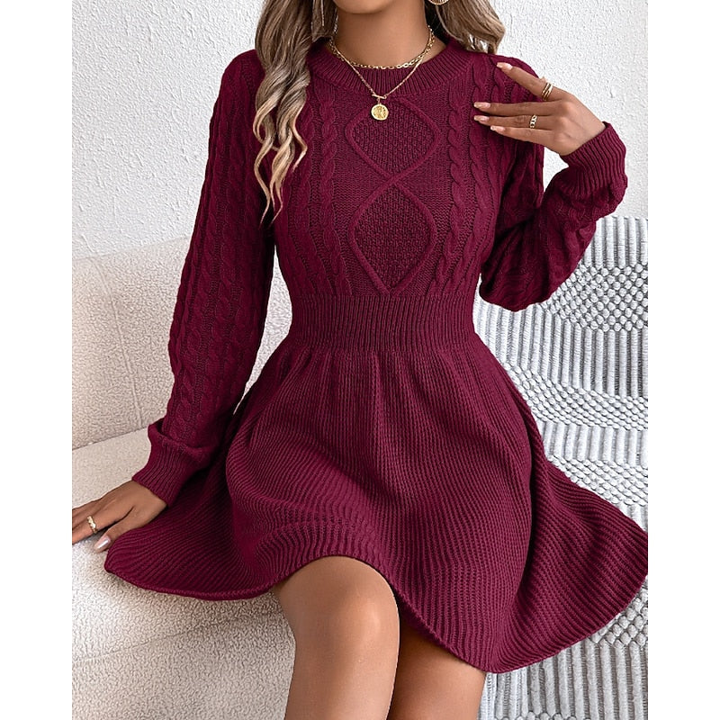 Kessoro women's cable-knit crew-neck sweater dress with a defined waist and flared skirt