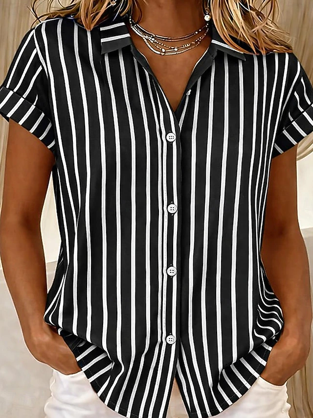 Kessoro Women's striped short-sleeve button-front blouse in blue, pink, green and more, view 2