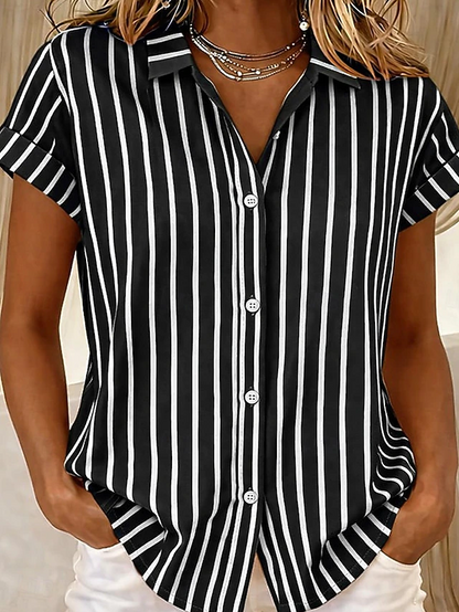 Kessoro Women's striped short-sleeve button-front blouse in blue, pink, green and more, view 2