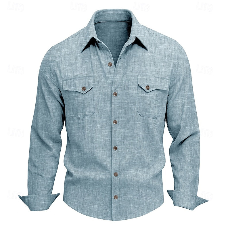 Kessoro men's relaxed-fit flap-pocket utility shirt in blue, grey, beige and pink tones, view 2