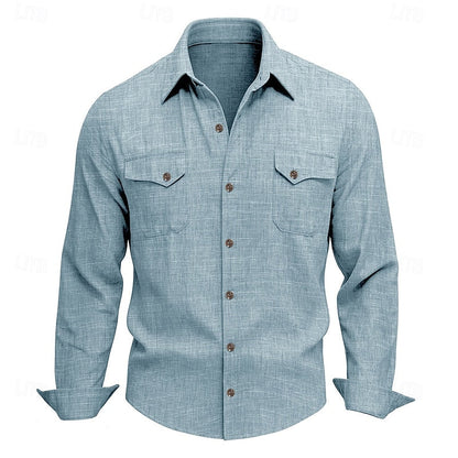 Kessoro men's relaxed-fit flap-pocket utility shirt in blue, grey, beige and pink tones, view 2