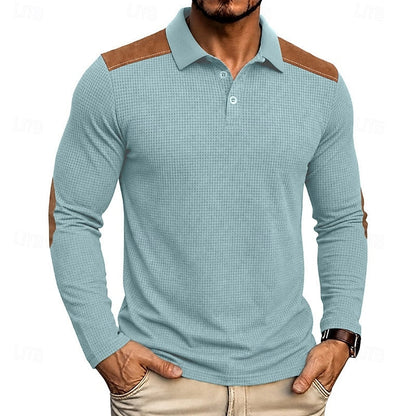 Kessoro men's textured colour-block long-sleeve polo shirt in blue, green, grey and burgundy tones, view 9