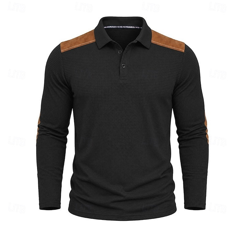 Kessoro men's textured colour-block long-sleeve polo shirt in blue, green, grey and burgundy tones, view 12