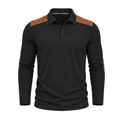 Kessoro men's textured colour-block long-sleeve polo shirt in blue, green, grey and burgundy tones, view 12