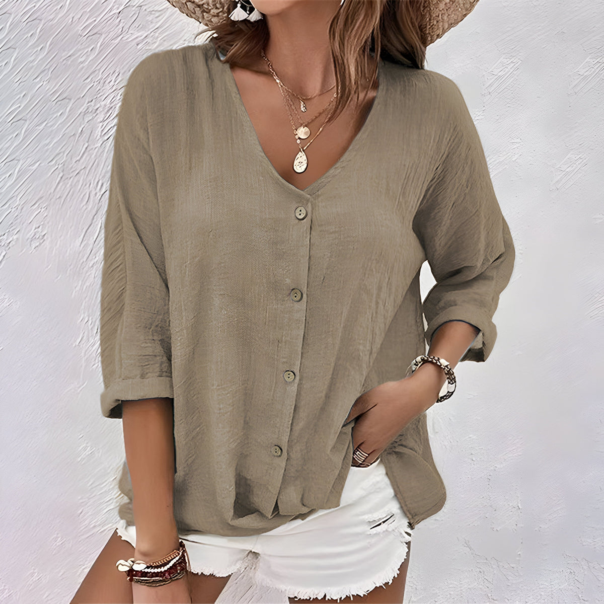 Kessoro women's relaxed V-neck roll sleeve button up blouse in green, grey, blue and more