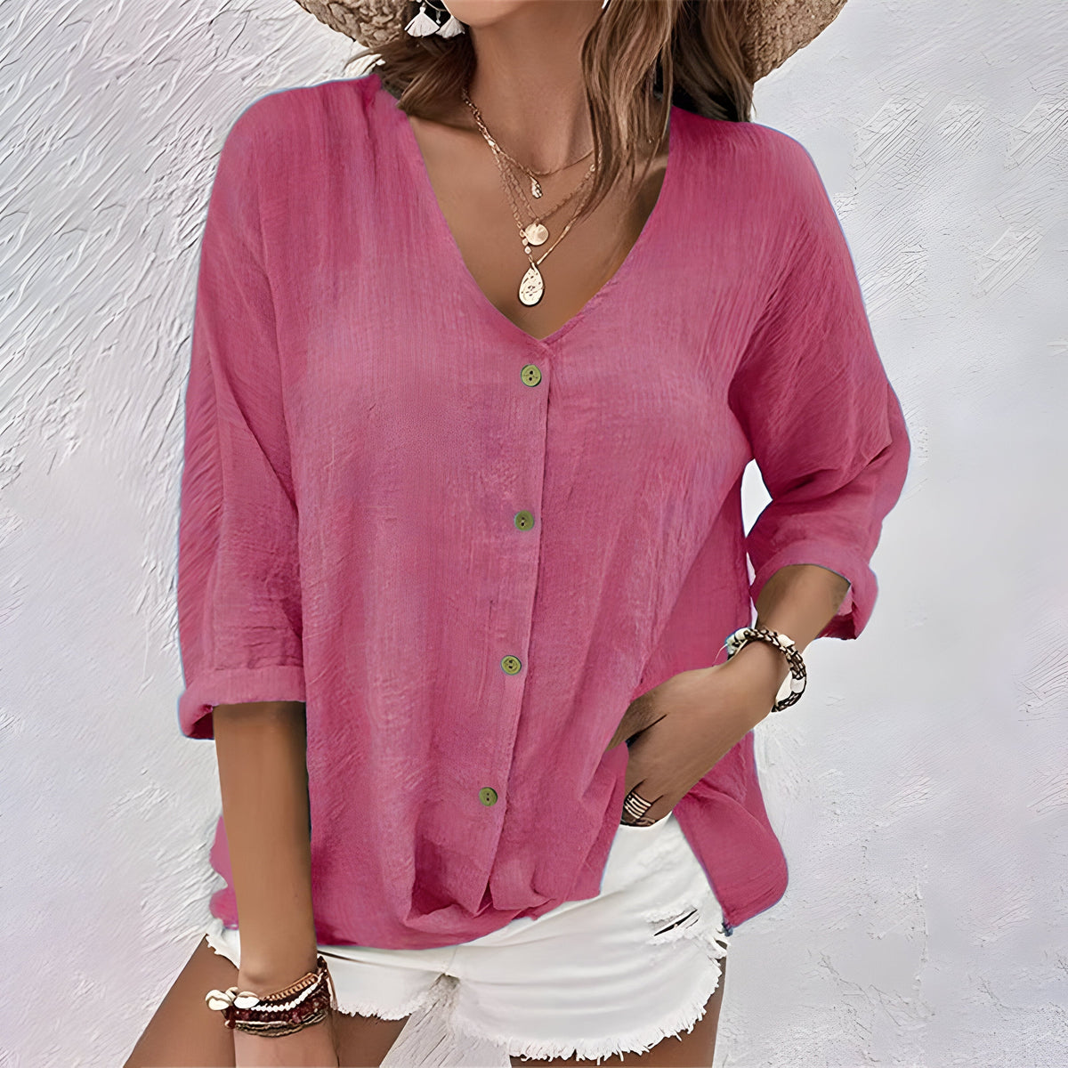 Kessoro women's relaxed V-neck roll sleeve button up blouse in green, grey, blue and more