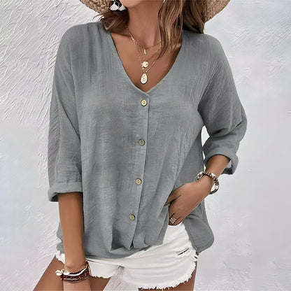 Kessoro women's relaxed V-neck roll sleeve button up blouse in green, grey, blue and more