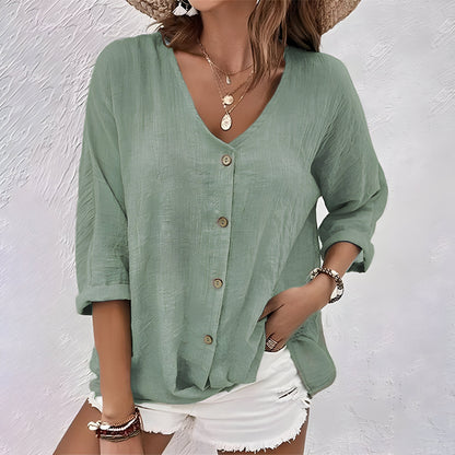 Kessoro women's relaxed V-neck roll sleeve button up blouse in green, grey, blue and more