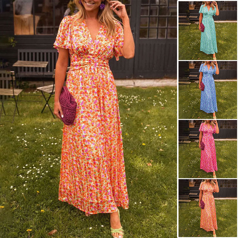 Women's classic V-neck floral print dress in blue, orange, green or red