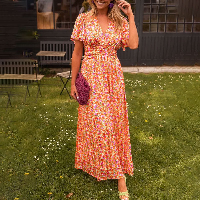 Women's classic V-neck floral print dress in blue, orange, green or red