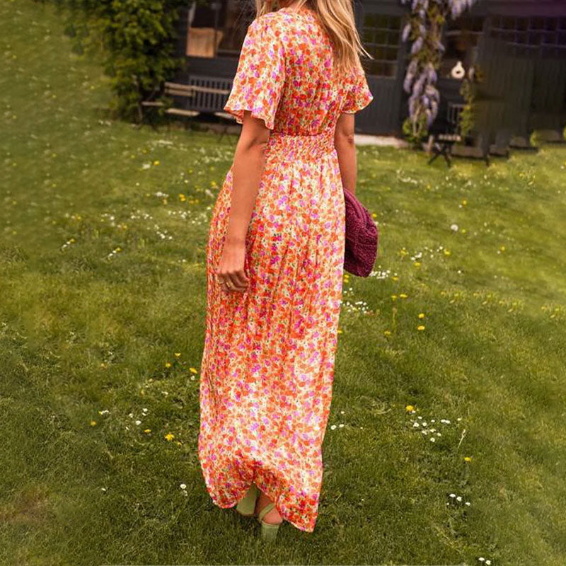Women's classic V-neck floral print dress in blue, orange, green or red