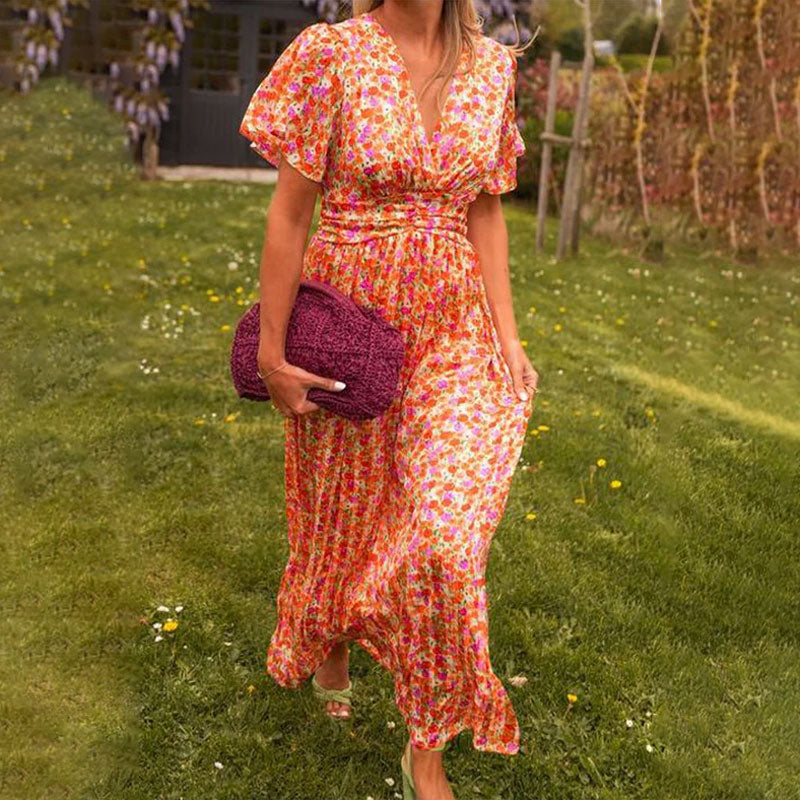 Women's classic V-neck floral print dress in blue, orange, green or red