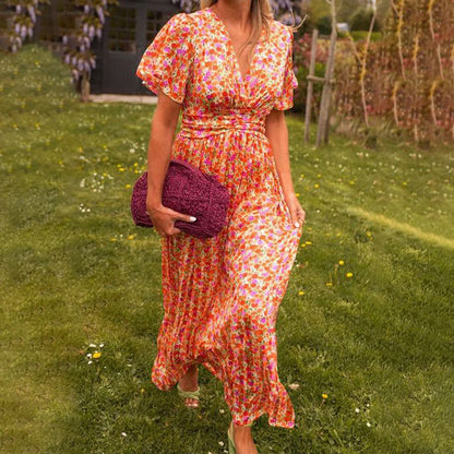 Women's classic V-neck floral print dress in blue, orange, green or red
