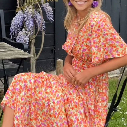 Women's classic V-neck floral print dress in blue, orange, green or red