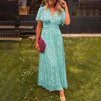 Women's classic V-neck floral print dress in blue, orange, green or red