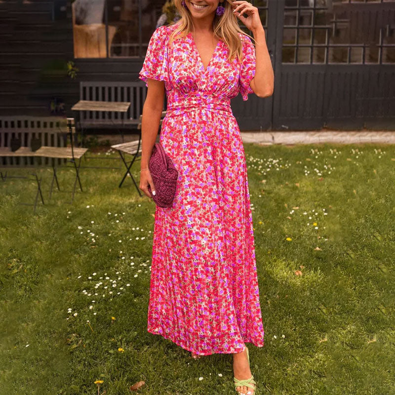 Women's classic V-neck floral print dress in blue, orange, green or red