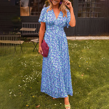 Women's classic V-neck floral print dress in blue, orange, green or red