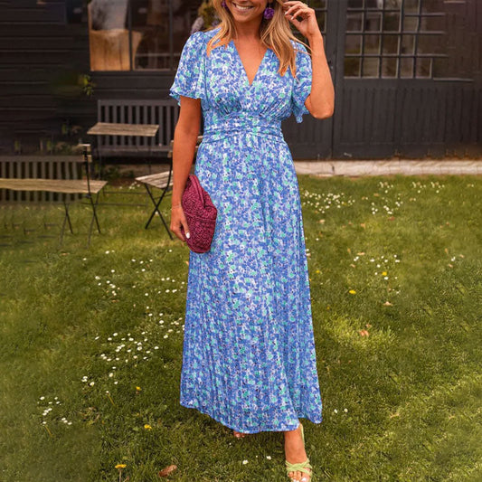Women's classic V-neck floral print dress in blue, orange, green or red