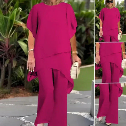 Kessoro women's draped top and wide-leg trouser set in blue and pink