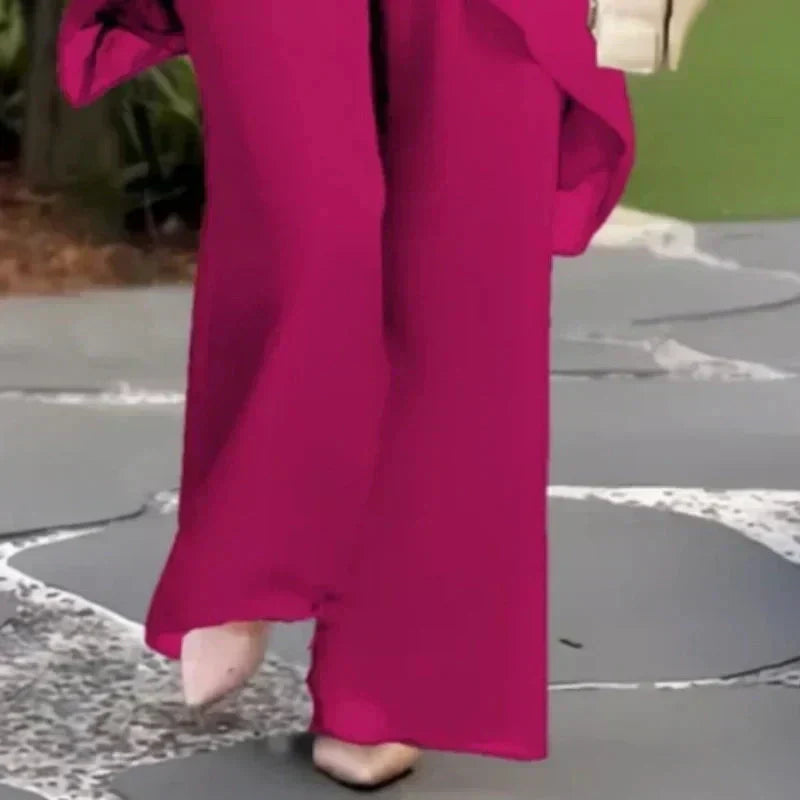 Kessoro women's draped top and wide-leg trouser set in blue and pink