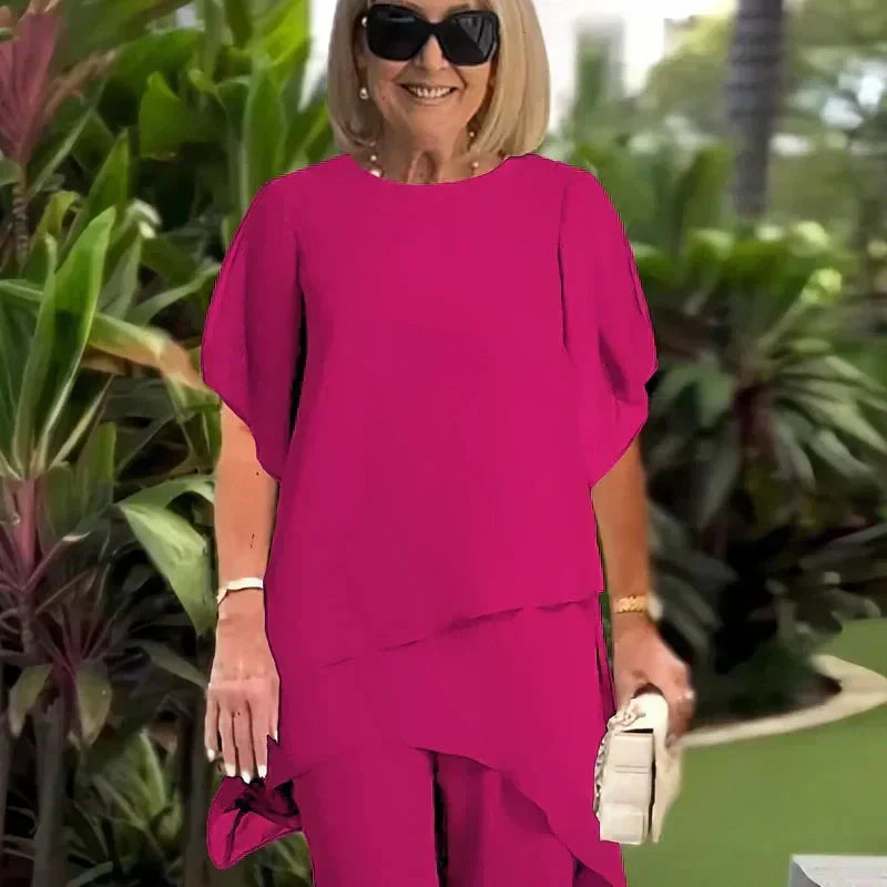 Kessoro women's draped top and wide-leg trouser set in blue and pink