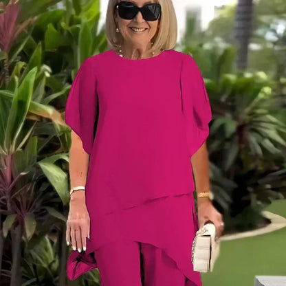 Kessoro women's draped top and wide-leg trouser set in blue and pink