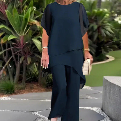 Kessoro women's draped top and wide-leg trouser set in blue and pink