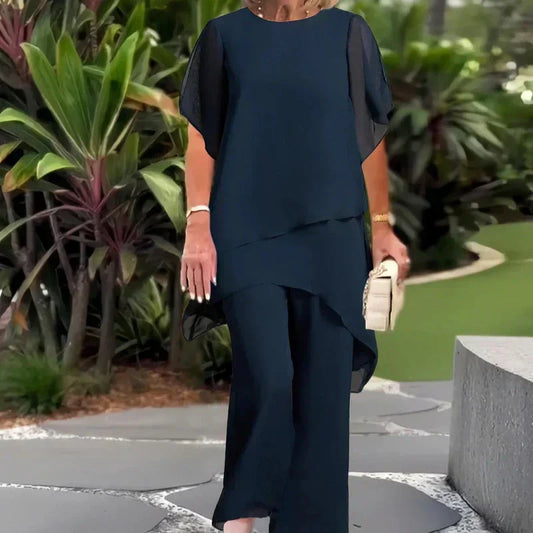 Kessoro women's draped top and wide-leg trouser set in blue and pink