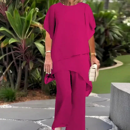 Kessoro women's draped top and wide-leg trouser set in blue and pink