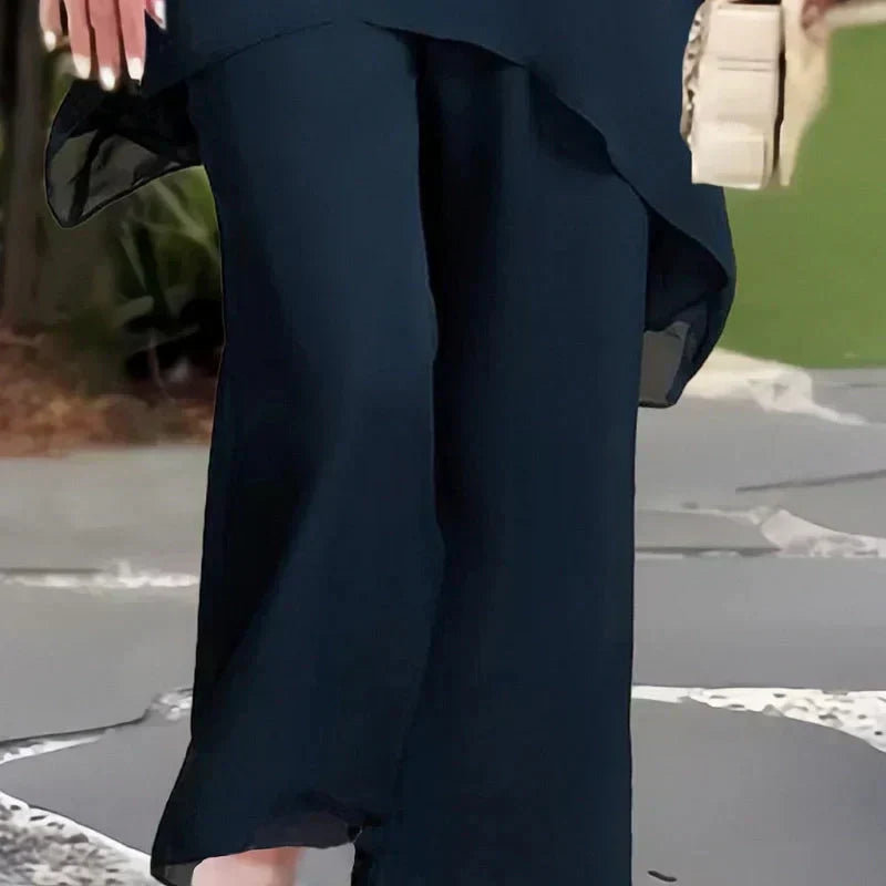 Kessoro women's draped top and wide-leg trouser set in blue and pink