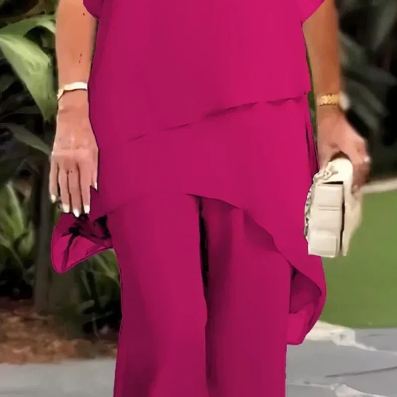Kessoro women's draped top and wide-leg trouser set in blue and pink