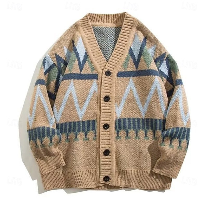 Kessoro geometric pattern V-neck button cardigan for men in Gray, view 7