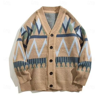 Kessoro geometric pattern V-neck button cardigan for men in Gray, view 7