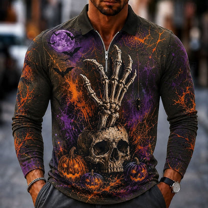 Kessoro Purple Halloween pumpkin print quarter-zip long-sleeve polo shirt for men
