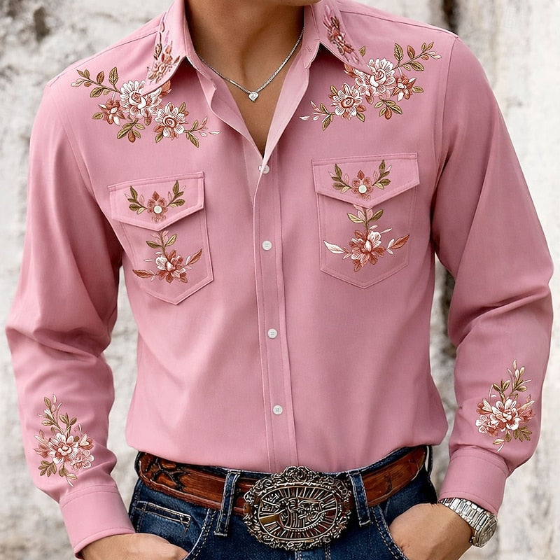 Kessoro men's floral embroidered western button-up shirt in beige and pink