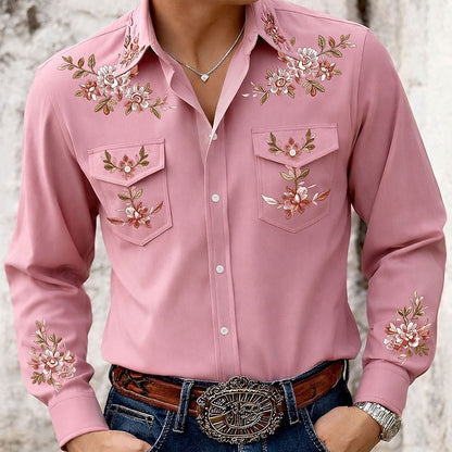 Kessoro men's floral embroidered western button-up shirt in beige and pink